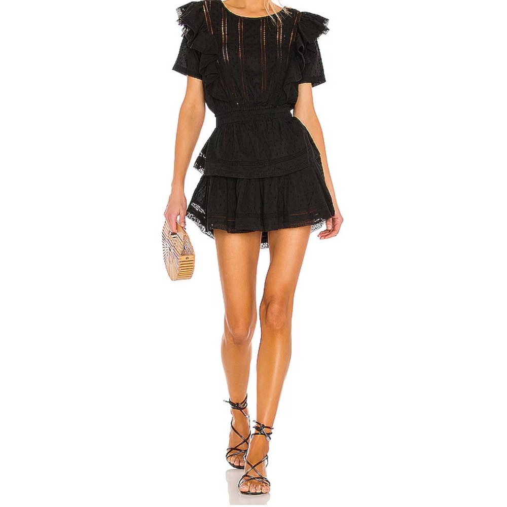 LoveShackFancy XS Natasha Black Lace Ruffle Tiered Mini‎ Dress Smocked Waist